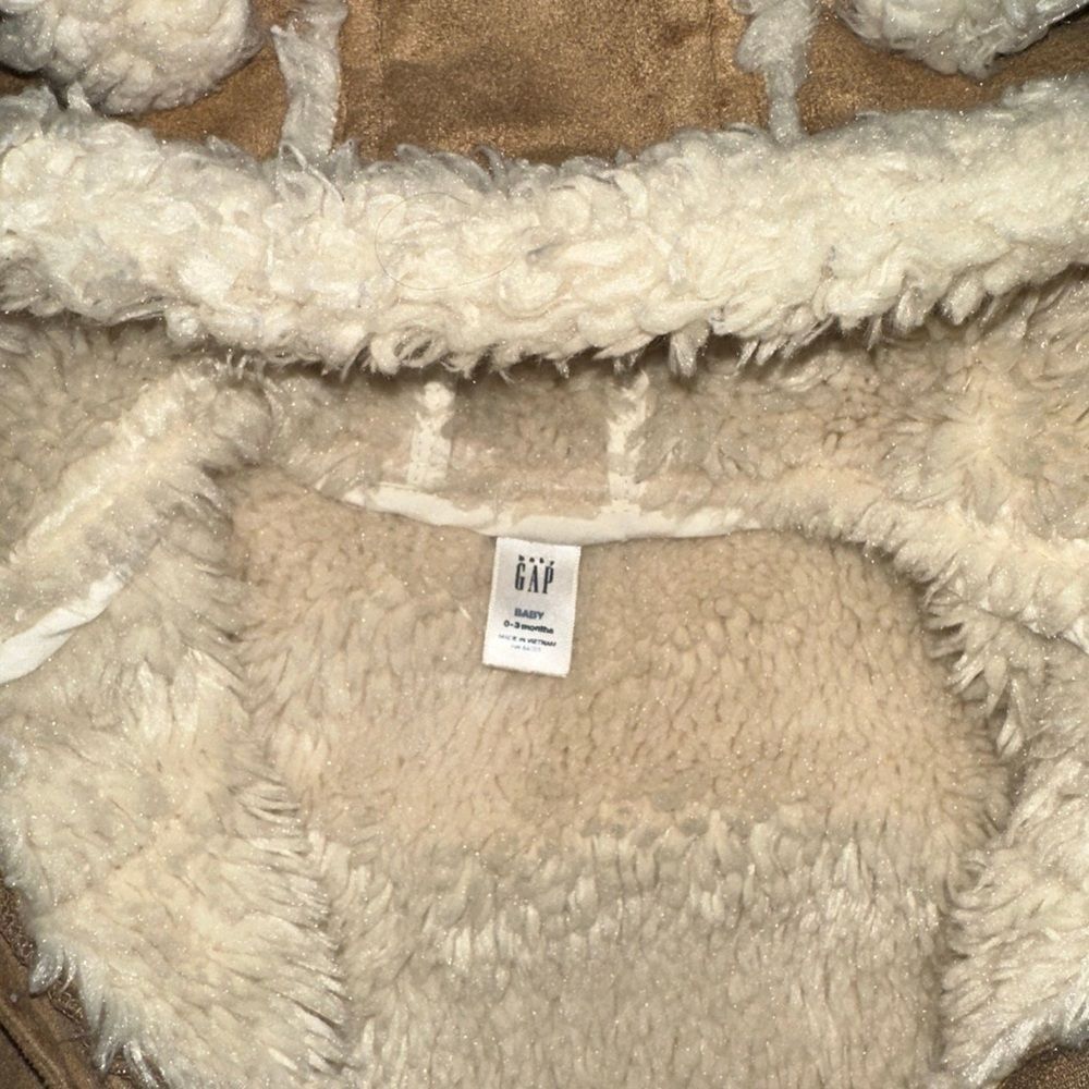 Gap Tan Faux Suede Sherpa Shearling Infant Snow Suit Bunting Newborn 0-3 - Picture 7 of 8